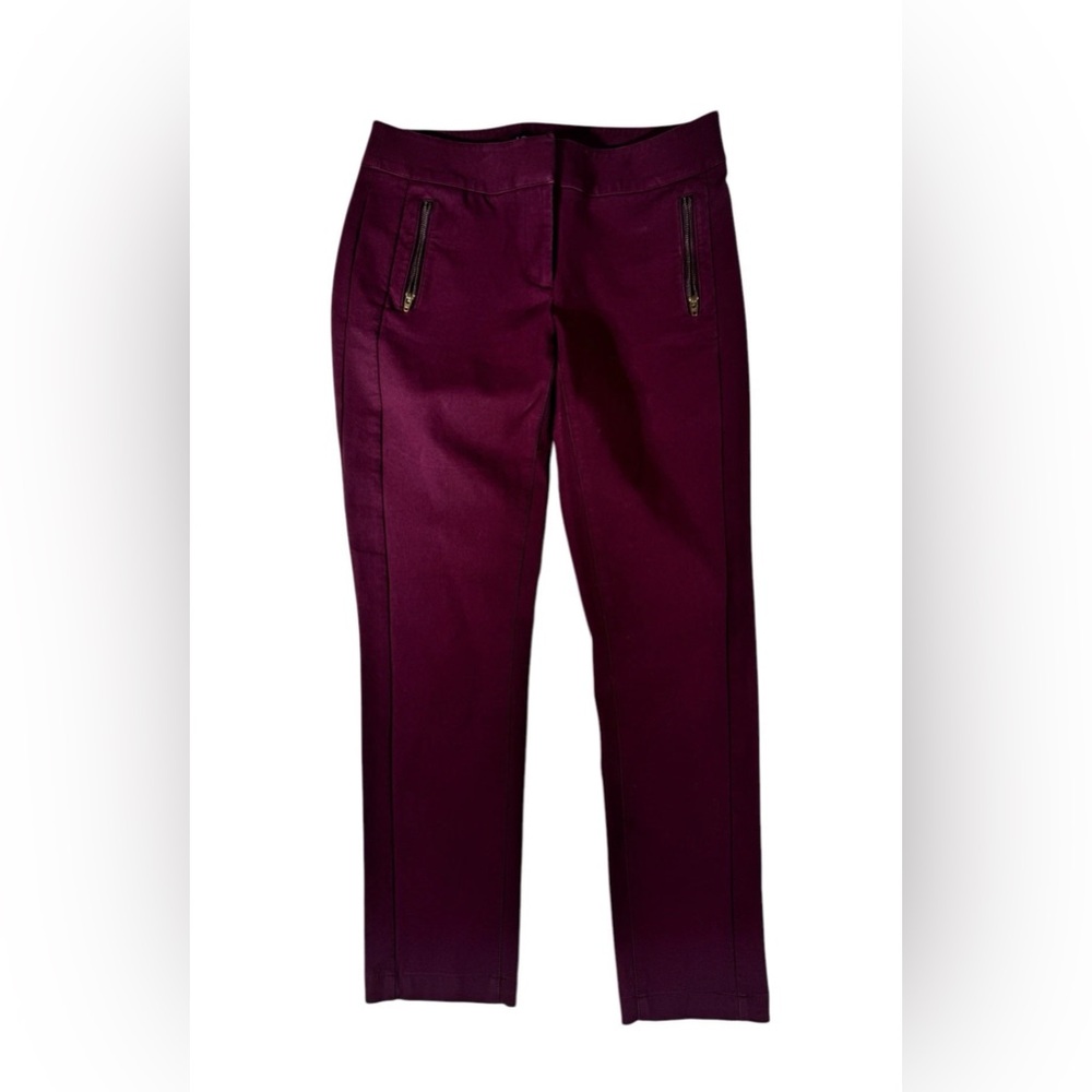 THE LOFT JULIE SKINNY FLAT FRONT ZIPPER POCKETS BURGUNDY ANKLE PANTS SIZE 0